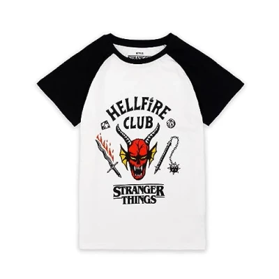 Image of Stranger Things Hellfire Club Raglan T Shirt for Kids Boys Girls Hawkins Society Eddie Black &amp; White Outfit Season 4 Merchandise 9 10 Years