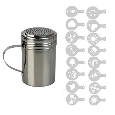 Image of ADEPTNA Stainless Steel Chocolate Shaker with Handle and 16 Cappuccino Coffee Barista Stencils