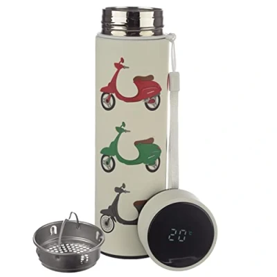 Image of Puckator On Two Wheels Stainless Steel Water Bottle with Led Temperature Display Cold for 24h and Hot 6h Metal Bottles Scooter Modern Thermos Flask Bpa Free 450 ml