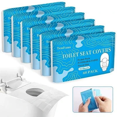 Image of Toilet Seat Covers (60 Pack), XL Flushable and Biodegradable Paper Cover Disposable for Adult Kids’ Potty Training, Great Airplane, Travel Seats, Public Restroom Camping