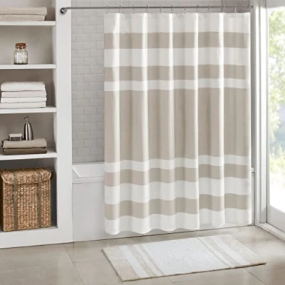 Image of Madison Park Shower Curtain Waffle Weave Striped Pieced Design Fabric for Bathroom with 3M Scotchgard Moisture Management Premium Spa Quality Modern Standard 72&quot;x72&quot; Taupe