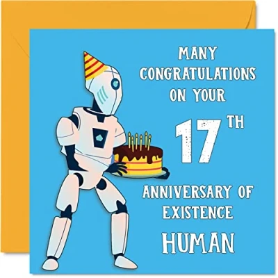 Image of Funny 17th Birthday Cards for Boys Girls Robot Droid Happy Card Son Daughter Brother Sister Grandson Granddaughter Niece Nephew Cousin, 145mm x Joke Humour Banter Greeting