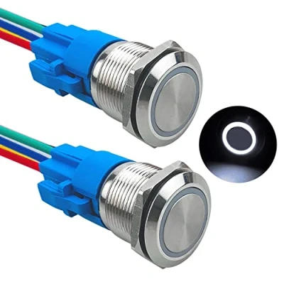 Image of Aiqeer 2 Pcs 19 mm Momentary Push Button Switch, 12V / 24V 5A Car Ignition Starter IP67 Waterproof Stainless Steel with Pre Wired Socket (White LED)