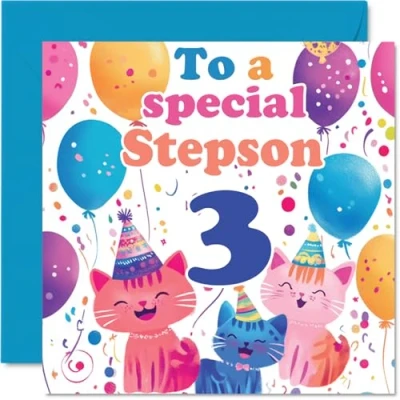 Image of 3rd Step Son Birthday Card Cute Cats Special Happy for from Mum Dad, 145mm x Age 3 Three Greeting Cards