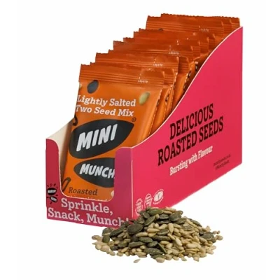 Image of Munchy Seeds Mini Lightly Salted Two Seed Mix, Pumpkin &amp; Sunflower Seeds, Gluten Free Protein Snacks, Nutritious Source Of Vegan Protein, High Fibre 12 x 30g Rip Tip Bags