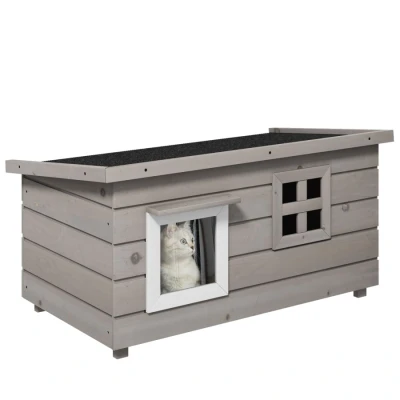 Image of Pawhut Wooden Cat House Outdoor, Elevated Shelter Kennel, Pet Play with Openable Top, Asphalt Roof, Window, 87 x 52 44 cm, Grey