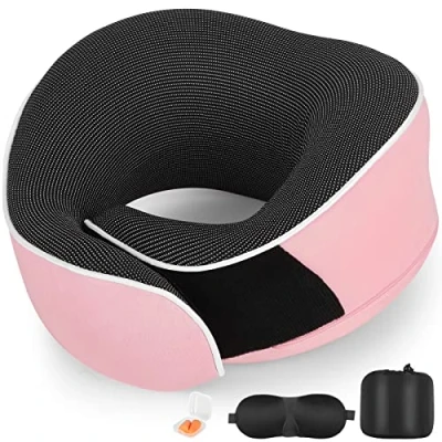 Image of AYhome Travel Pillow, Memory Foam Neck Pillow for Travel, Portable Flight Support, Airplane Train with Eyemask and Earplugs(Pink)