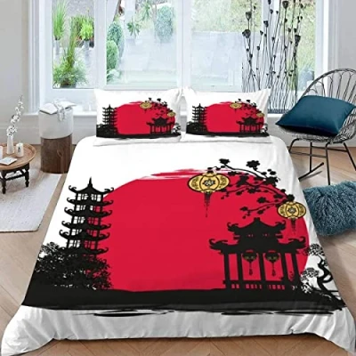 Image of Bedding Set King Size Oriental Style 3d Printed Adults Teenager Girls Boys Microfiber Fluffy Kingsize Duvet Cover Architecture Art White/Black/Grey