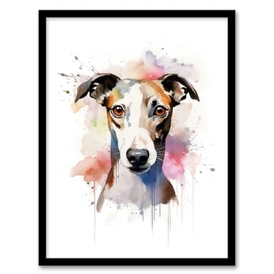 Image of Artery8 Whippet Lovers Gift Watercolour Pet Portrait Painting Artwork Framed Wall Art Print 18X24 Inch