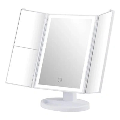 Image of GRIFEMA Vanity Makeup Mirror with 3X/2X/1X Magnification, Trifold Table 32 LED Lights, Travel Touch Screen, 360 Rotation, Two Power Supply, Gift for Women, White