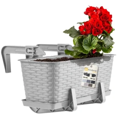 Image of KADAX Rattan like Planter, Plastic Hanging Box with Brackets, Drainage Holes and Saucer, Rectangular Long Plant Pot for Balcony, Railing (40 cm, Light Grey)