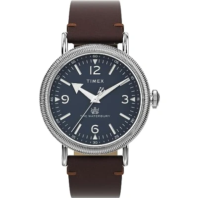Image of Timex Men&#039;s Waterbury 40 mm Watch Brown Leather Two Piece Quick Release Strap Blue Dial Silver Tone Case TW2W20400