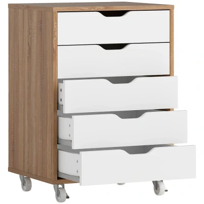 Image of Vinsetto Vertical Filing Cabinet, 5 drawer File Mobile Office Cabinet on Wheels for Study, Home Office, Oak