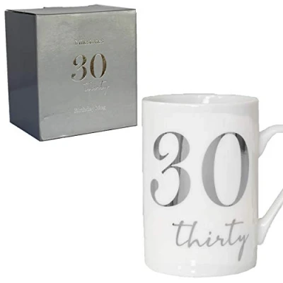 Image of White Bone China Mug with Silver Foil Number 30th Thirty 30 Birthday