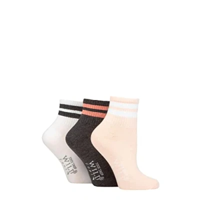 Image of Women&#039;s 3 Pair SOCKSHOP Wildfeet Plain Mid Cut Ribbed Crew Socks Pink / Charcoal White 4 8 UK