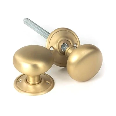 Image of From the Anvil Mushroom Mortice/Rim Knob Set Satin Brass