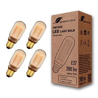 Image of greenandco® E27 T45 LED Vintage Retro Filament Bulb Edison Style 4W 200lm 1800K 320 230V Glass Bulb, no Flicker, not dimmable, 4 Pack