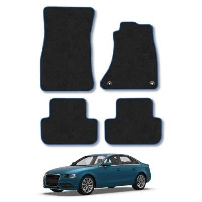 Image of Car Mats Compatible with Audi A4 (2008 2016) Tailored Fit Blue Trimmed Carpet Floor Mat Set Accessory Black Custom Fitted 4 Pieces Clips Anti Slip Backing &amp; Trim Edging