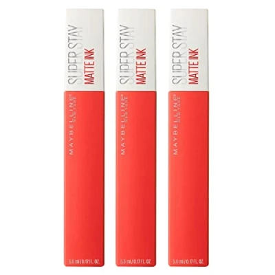 Image of Maybelline New York SuperStay Matte Ink Lip Tint Color 25 Heroine Full Coverage and Uniform Result with Tip Applicator Long Lasting 16h 3 Lipsticks
