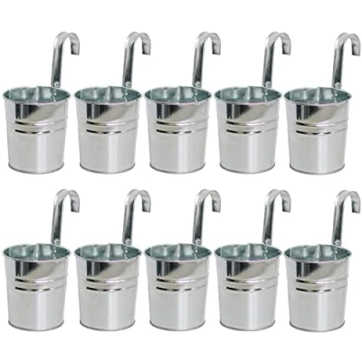 Image of KAHEIGN 10Pcs Metal Hanging Flower Pots, 10cm Plant Pots Bucket with Detachable Hook for Balcony Fence Garden Home Decor (Silver)