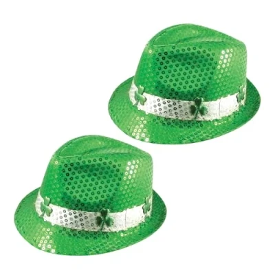 Image of Lizzy 2 x Irish Sequin Gangster Trilby Hat with Shamrock St Patrick&#039;s Day Accessories Clover Leprechaun Unisex One Size Fancy Dress Costume Accessory