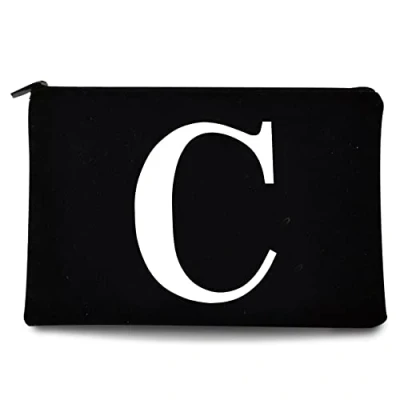 Image of 26 Letter Printed Zip Canvas Pouch Makeup Bag Make Up Bag, Cosmetic Travel Bag,Toiletry Bag,Organizer Bags,Toiletry Bags, Bride Bridesmaid Bag,Pencil Bag,Wash Bag,Coin Purse (White C)