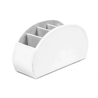 Image of OSCO White Faux Leather Remote Organiser 5 Compartments Office Tidy TV Control Storage Pen Holder Makeup sorter Cosmetics Display H12 x W22.53 D7.8 cm