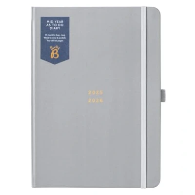 Image of Busy B A5 Diary Mid Year Academic Planner Aug &#039;25 &#039;26 Grey Journal Cover Weekly with to Do Lists, Notes Pages, Week View Layout, 3 Pockets, &amp; Elastic Closure Band
