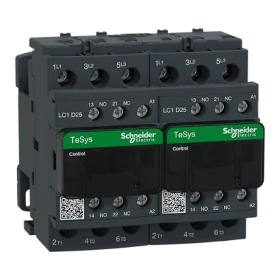 Image of Schneider Electric TeSys Deca reversing contactor,3P(3NO),AC 3,=440V 25A,230V AC coil,with electrical interlocking,LC2D25P7