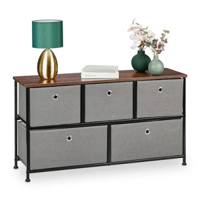 Image of Relaxdays Chest of Drawers, 5 Compartments, Industrial Look, Fabric &amp; Steel Dresser, HWD, 54.5 x 100 30 cm, Grey/Brown, Polyester