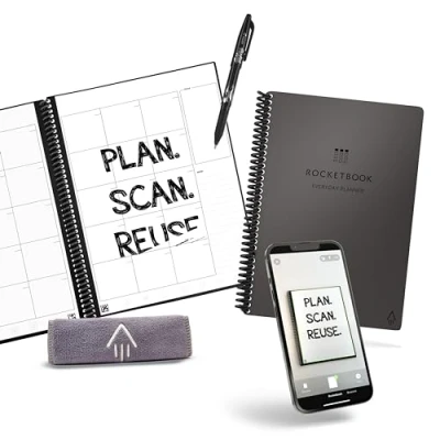 Image of Rocketbook Smart Reusable Everyday Planner. Week, Month, Annual, To Do List, Goal Templates. Journal and Notebook Pages. Undated Organizer, 6&quot; x 8.8&quot; Executive Size Letter with Pen Cloth,