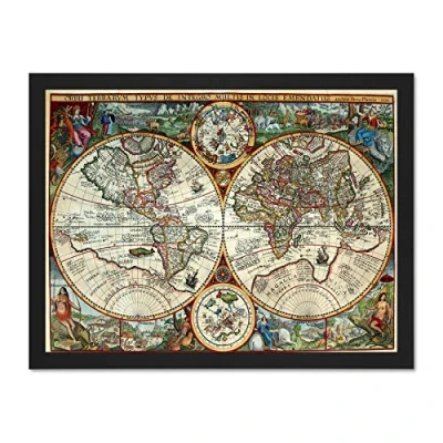 Image of Wee Blue Coo Map Antique Globe Hemisphere Ornate Decorative Art Large Framed Print Poster Wall Decor 18x24 inch