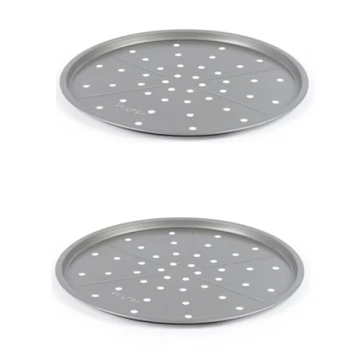 Image of Salter Essentials Pizza Tray Set of 2 Oven Trays, Non Stick Coating, Round Baking Tray, Dishwasher Safe, Easy to Clean, Made in the UK, Durable Carbon Steel, Garlic Bread, Lightweight, PFOA Free