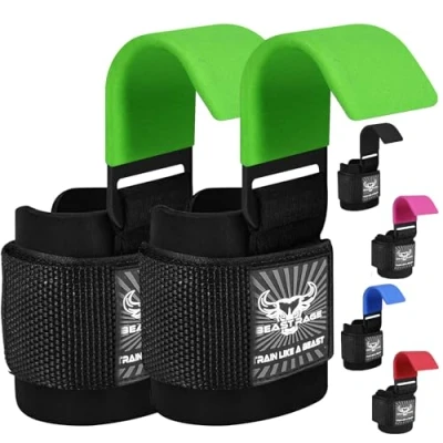 Image of BEAST RAGE Weight Lifting Hooks Wrist Straps Thick Neoprene Padded Rubber Coated Fitness Wraps Non Slip Pull Up Deadlift Grips Training Exercise Gym Workout Men Women (Green)