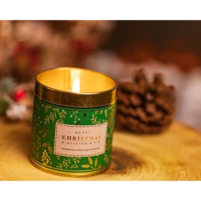 Image of Marco Paul Christmas Mistletoe &amp; Fir Candle Tin Scented Candles Festive Fragrance Home Decor Gift Xmas Decoration Light Display Centrepiece Scent Long Burning
