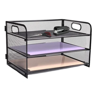 Image of HMXLJJY 3 Tier Office Desk A4 Paper Letter Organiser Tray with Handle,Mesh Tray,Desktop Filing Document Trays Holders,File Storage Rack for File Folder, Black