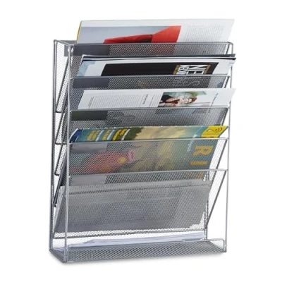 Image of Relaxdays Wall Mount Magazine Rack, A4 Newspaper Stand, Metal Catalogue Holder Basket, HxWxD: 40 x 32 10 cm, Silver