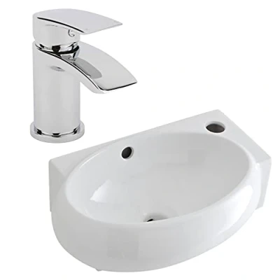 Image of Milano Irwell Modern White Ceramic Wall Hung Oval Corner Bathroom Basin Sink and Mono Mixer Tap 400mm x 280mm