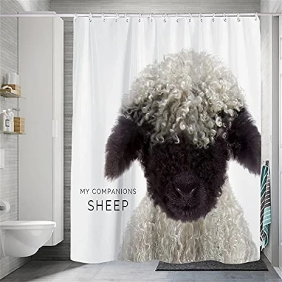 Image of Hiseng Shower Curtain for Bathroom,3D Animal Bathroom Liners with 12 Rustproof Hooks,100% Polyester Waterproof Curtains Washable (sheep,180 x 200cm)