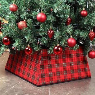Image of Taylor &amp; Brown Christmas Tree Skirt Square Stand Base Xmas Natural Folding Collar Basket Cover Decoration Tidy Home Decor 48 x 25cm, Red Black Plaid