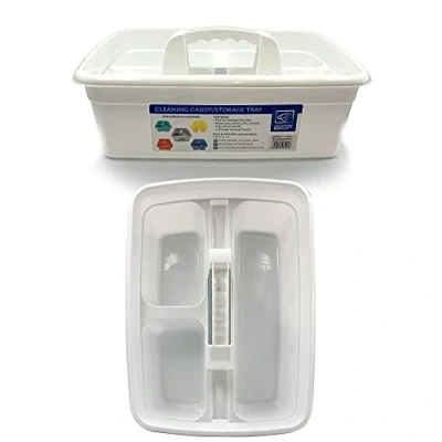 Image of TDBS The Dustpan and Brush Store Cleaning Caddy with Handle Cleaners Organiser Carry Baskets for Products (White)