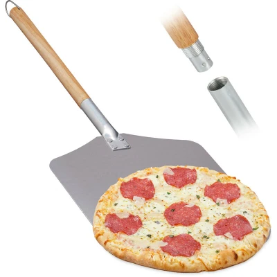 Image of Pizza Shovel, Long Wooden Handle, Professional Oven Accessory, Aluminium, 30.5 x cm, Natural/Silver Relaxdays