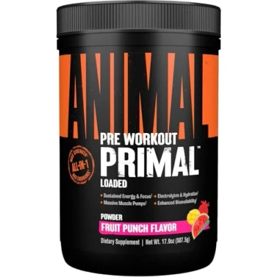 Image of Animal Primal Muscle Hydration + Preworkout Powder Contains Beta Alanine, 3DPump, Caffeine &amp; Electrolytes Improves Energy, Focus, Endurance Absorption Fruit Punch Flavour, 507g