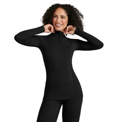 Image of FALKE Women&#039;s Wool Tech High Zip Neck W L/S SH Functional Yarn Quick Dry 1 Piece Base Layer Top, Black (Black 3000), XL