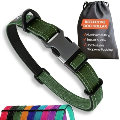 Image of Strong Dog Collar Large Dogs Green Reflective Adjustable Padded Collars Metal Buckle, Aluminium V ring, Safety