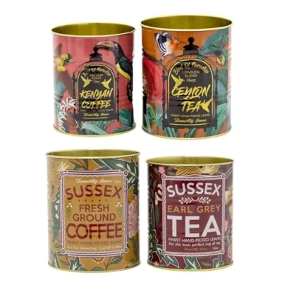 Image of 4 Piece Retro Vintage Coffee Tea Cans Birds of Paradise &amp; Sussex Metal Storage Tins Replica Tin