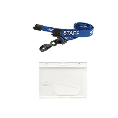 Image of ID Card It Holder Enclosed &amp; Staff Neck Strap Lanyard Dark Blue