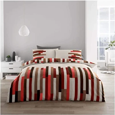 Image of GC GAVENO CAVAILIA Geometric Duvet Cover Super King Size, Easy Care Poly Cotton Bedding Set, Reversible Bed Covers, Cream/Red