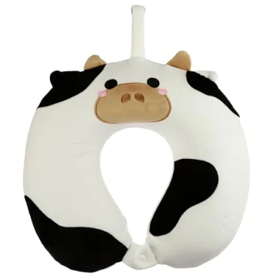 Image of Relaxeazzz Cow Plush Memory Foam Travel Pillow Neck Flight Airplane For Kids Pillows Cushion Sleeping Pain Adults Airport Essentials