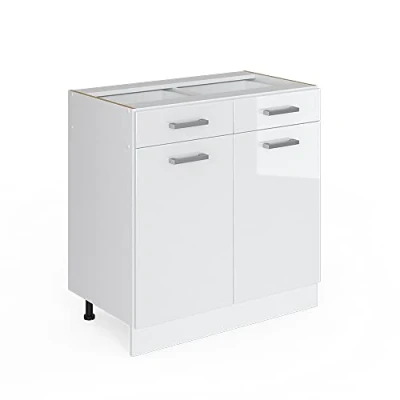 Image of Vicco Kitchen base cabinet Raul, White High Gloss/White, 80 cm Without worktop